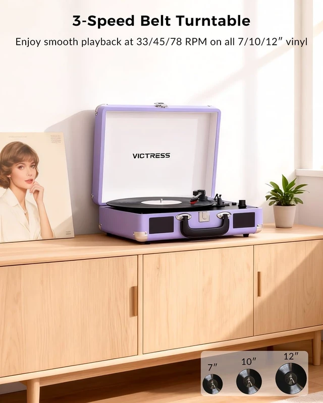 Alt view image 2 of 7 - Suitcase Record Player, Bluetooth in & Out Vinyl Player, Purple Vintage Portable Turntable with Built-in Speakers, PC Vinyl Recording, 3-Speed Belt Drive, RCA Output, Headphone Jack, AUX In