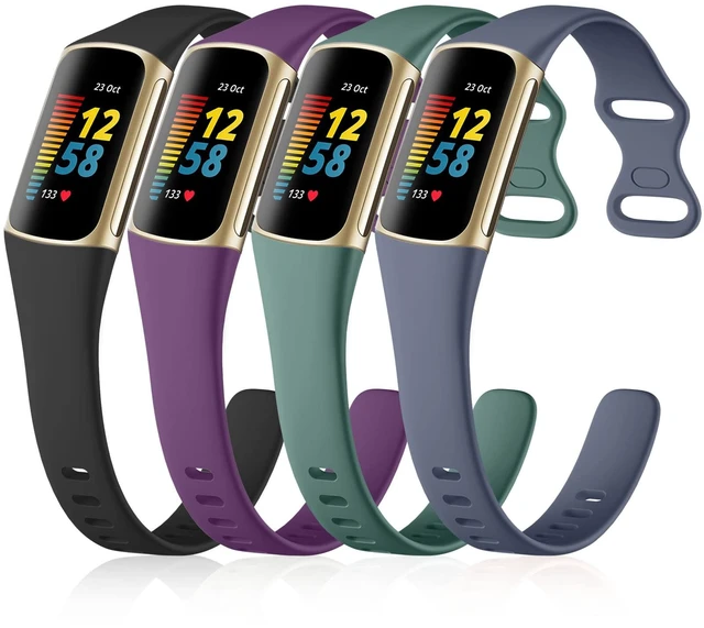 Main image of 4 Pack Slim Band Compatible with Fitbit Charge 5/6 Bands Women Men Soft Silicone Strap, Sport Replacement Wristband for Fitbit Charge 5 6 Fitness Tracker, Black/Plum/Blue Gray/Pine Green