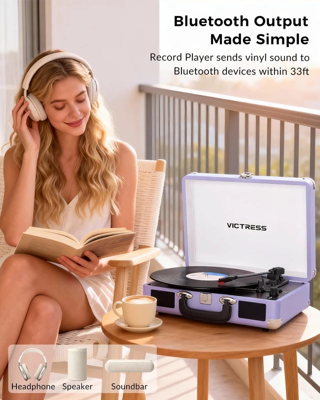 Alt view image 3 of 7 - Suitcase Record Player, Bluetooth in & Out Vinyl Player, Purple Vintage Portable Turntable with Built-in Speakers, PC Vinyl Recording, 3-Speed Belt Drive, RCA Output, Headphone Jack, AUX In