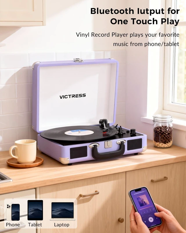Alt view image 4 of 7 - Suitcase Record Player, Bluetooth in & Out Vinyl Player, Purple Vintage Portable Turntable with Built-in Speakers, PC Vinyl Recording, 3-Speed Belt Drive, RCA Output, Headphone Jack, AUX In