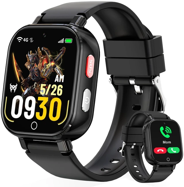 Main image of 4G Kids Smart Watch Phone, GPS, Video Call, Waterproof - Black | Smartwatch for Boys Girls Ages 4-12, Class Mode, SOS, Camera, Alarm, Touch Screen, Gifts with Bonus Woven Strap & SIM Card