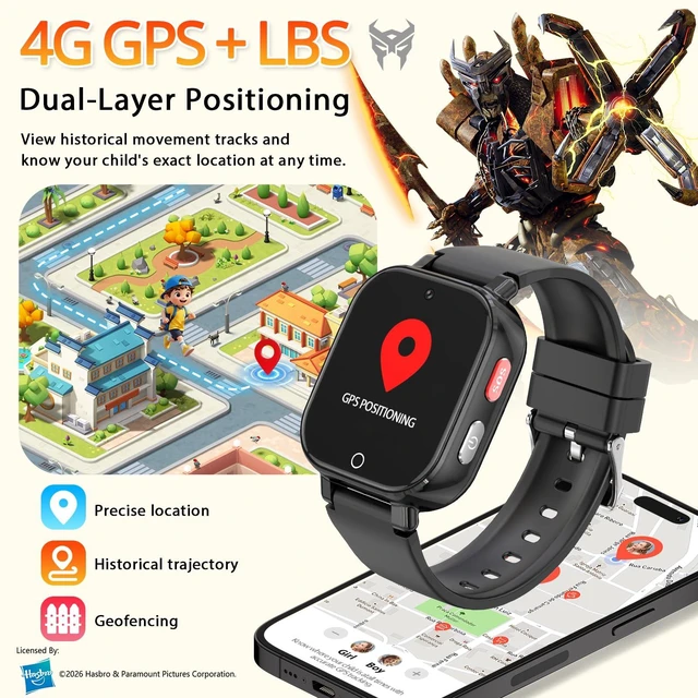 Alt view image 2 of 7 - 4G Kids Smart Watch Phone, GPS, Video Call, Waterproof - Black | Smartwatch for Boys Girls Ages 4-12, Class Mode, SOS, Camera, Alarm, Touch Screen, Gifts with Bonus Woven Strap & SIM Card