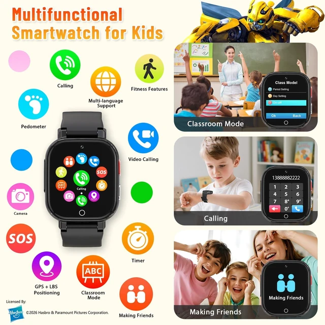 Alt view image 4 of 7 - 4G Kids Smart Watch Phone, GPS, Video Call, Waterproof - Black | Smartwatch for Boys Girls Ages 4-12, Class Mode, SOS, Camera, Alarm, Touch Screen, Gifts with Bonus Woven Strap & SIM Card