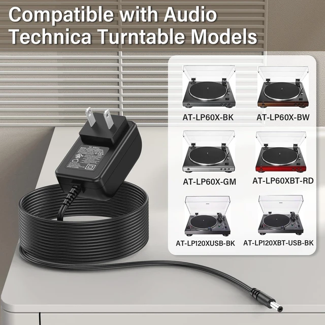 Alt view image 2 of 7 - 12V Turntable Charger Replacement Fit for Audio Technica Turntable AT-LP60X Power Adapter for Audio-Technica AT-LP60X-BK AT-LP60X-BW AT-LP60XBT-RD AT-LP120XUSB-BK Direct-Drive Turntable Record Player