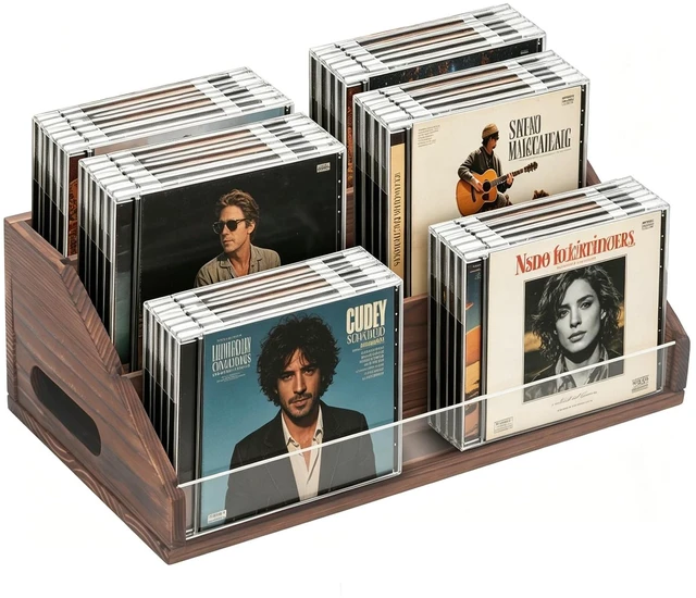 Main image of Wooden CD Storage Rack & CD Holder Shelf, 3 Tier CD Case Organizer for Desktop, Solid Wood Media Storage Rack & DVD Stand, Small Record Holder for Tabletop Display and Organization, Brown