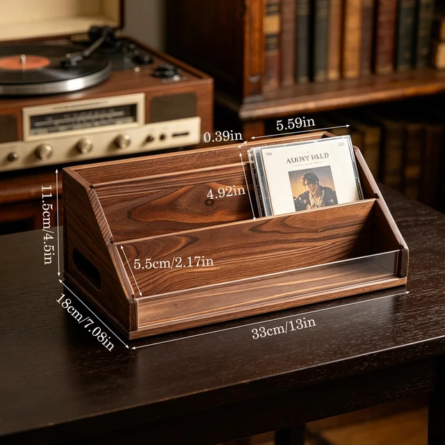 Alt view image 2 of 7 - Wooden CD Storage Rack & CD Holder Shelf, 3 Tier CD Case Organizer for Desktop, Solid Wood Media Storage Rack & DVD Stand, Small Record Holder for Tabletop Display and Organization, Brown