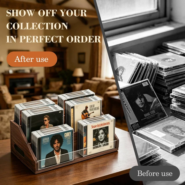 Alt view image 5 of 7 - Wooden CD Storage Rack & CD Holder Shelf, 3 Tier CD Case Organizer for Desktop, Solid Wood Media Storage Rack & DVD Stand, Small Record Holder for Tabletop Display and Organization, Brown