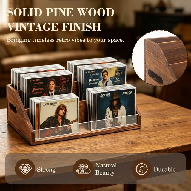 Alt view image 4 of 7 - Wooden CD Storage Rack & CD Holder Shelf, 3 Tier CD Case Organizer for Desktop, Solid Wood Media Storage Rack & DVD Stand, Small Record Holder for Tabletop Display and Organization, Brown