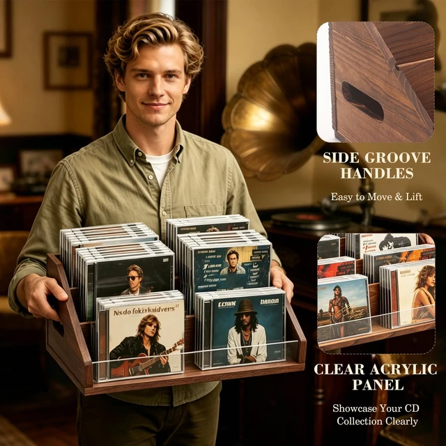 Alt view image 6 of 7 - Wooden CD Storage Rack & CD Holder Shelf, 3 Tier CD Case Organizer for Desktop, Solid Wood Media Storage Rack & DVD Stand, Small Record Holder for Tabletop Display and Organization, Brown