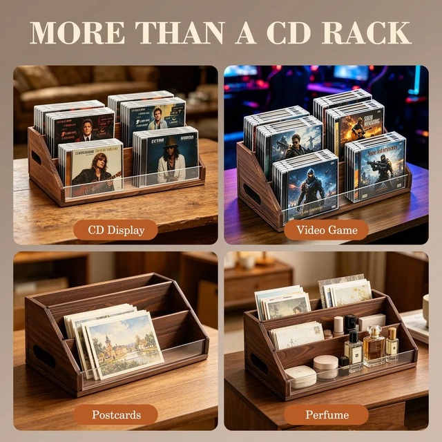 Alt view image 7 of 7 - Wooden CD Storage Rack & CD Holder Shelf, 3 Tier CD Case Organizer for Desktop, Solid Wood Media Storage Rack & DVD Stand, Small Record Holder for Tabletop Display and Organization, Brown
