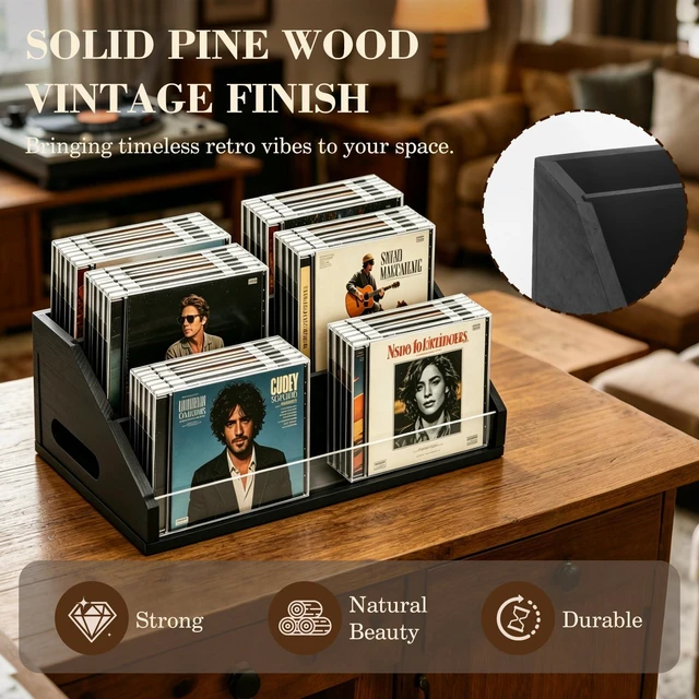 Alt view image 3 of 7 - Wooden CD Storage Rack & CD Holder Shelf, 3 Tier CD Case Organizer for Desktop, Solid Wood Media Storage Rack & DVD Stand, Small Record Holder for Tabletop Display and Organization, Black