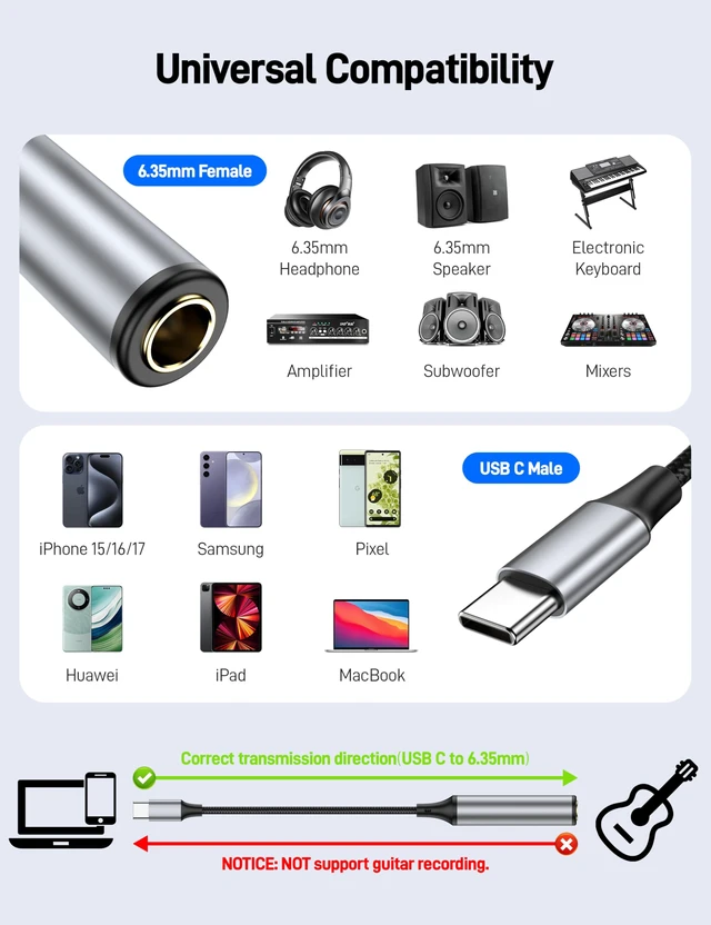 Alt view image 2 of 7 - USB Type C to 1/4 Inch Headphone Adapter 3.3FT, USB C to 6.35mm TRS Stereo Aux Jack Adapter Cable for Samrtphone, Laptop, Amplifiers, Mixers, 6.35mm Headphones