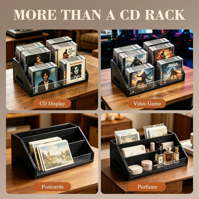 Alt view image 5 of 7 - Wooden CD Storage Rack & CD Holder Shelf, 3 Tier CD Case Organizer for Desktop, Solid Wood Media Storage Rack & DVD Stand, Small Record Holder for Tabletop Display and Organization, Black