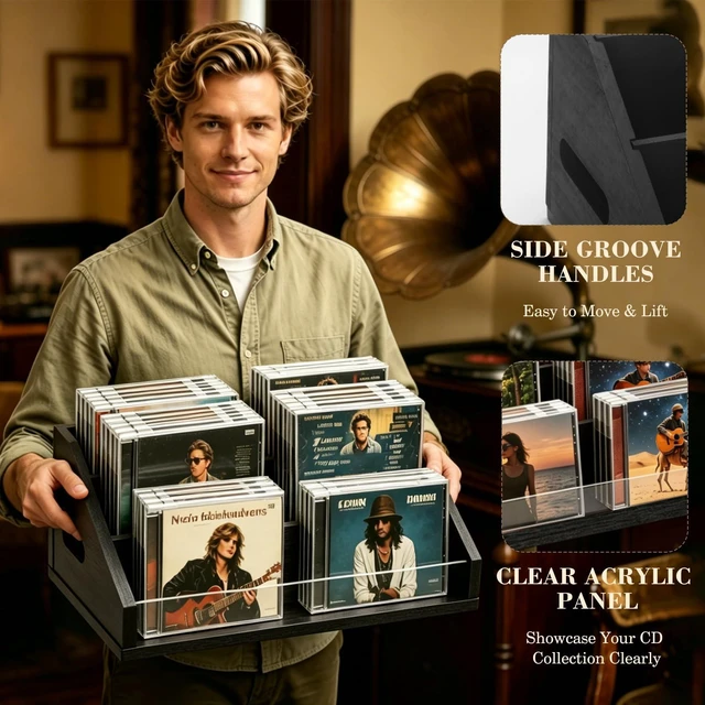 Alt view image 6 of 7 - Wooden CD Storage Rack & CD Holder Shelf, 3 Tier CD Case Organizer for Desktop, Solid Wood Media Storage Rack & DVD Stand, Small Record Holder for Tabletop Display and Organization, Black