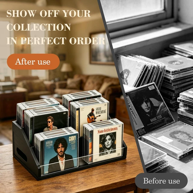 Alt view image 7 of 7 - Wooden CD Storage Rack & CD Holder Shelf, 3 Tier CD Case Organizer for Desktop, Solid Wood Media Storage Rack & DVD Stand, Small Record Holder for Tabletop Display and Organization, Black