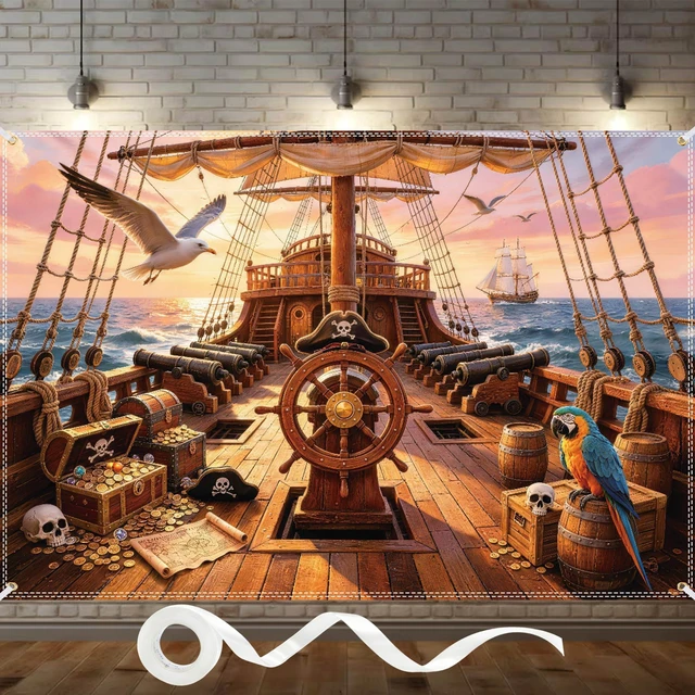 Main image of 10×6.5ft Pirate Ship Backdrop, Pirate Themed Party Decorations Polyester Fabric for Wall Mount, Indoor Outdoor Photoshoot & Pirate Themed Birthday Party