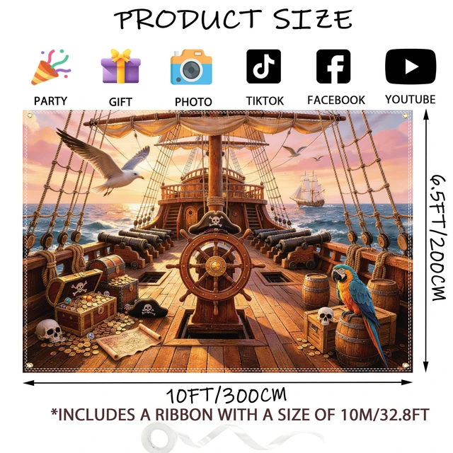 Alt view image 2 of 6 - 10×6.5ft Pirate Ship Backdrop, Pirate Themed Party Decorations Polyester Fabric for Wall Mount, Indoor Outdoor Photoshoot & Pirate Themed Birthday Party