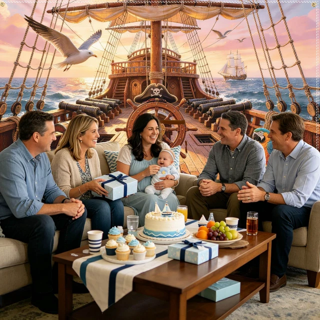 Alt view image 6 of 6 - 10×6.5ft Pirate Ship Backdrop, Pirate Themed Party Decorations Polyester Fabric for Wall Mount, Indoor Outdoor Photoshoot & Pirate Themed Birthday Party
