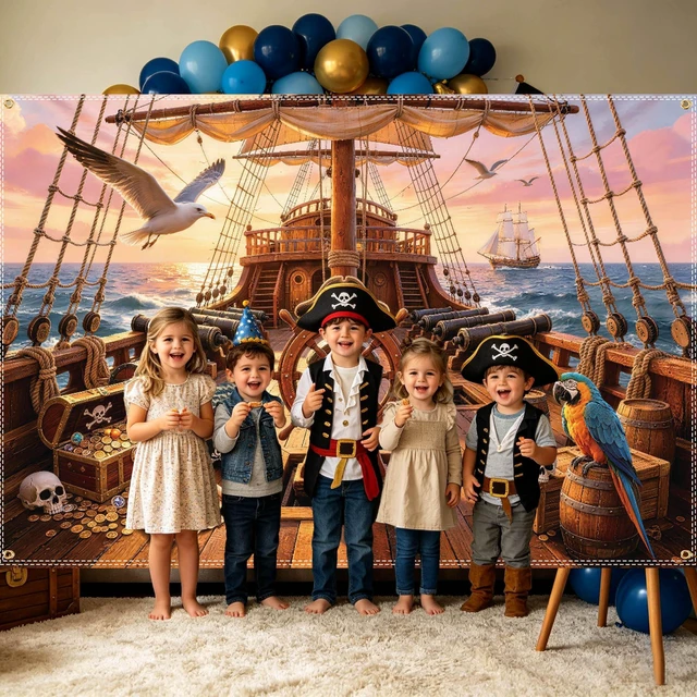Alt view image 5 of 6 - 10×6.5ft Pirate Ship Backdrop, Pirate Themed Party Decorations Polyester Fabric for Wall Mount, Indoor Outdoor Photoshoot & Pirate Themed Birthday Party