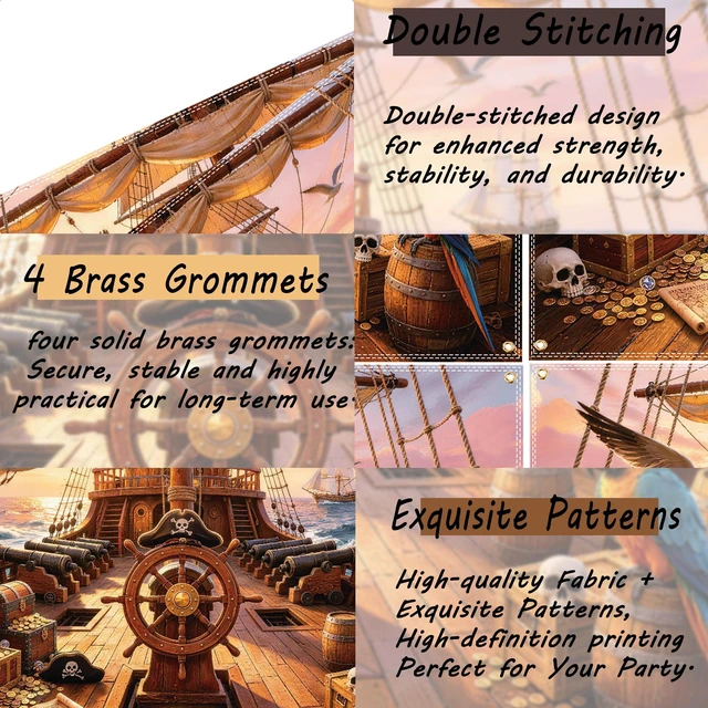 Alt view image 4 of 6 - 10×6.5ft Pirate Ship Backdrop, Pirate Themed Party Decorations Polyester Fabric for Wall Mount, Indoor Outdoor Photoshoot & Pirate Themed Birthday Party