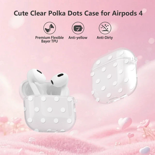 Alt view image 3 of 7 - for Airpods 4 Case Clear,Cute White Polka Dot Pattern for Airpods 4th Generation Case Cover,Aesthetics Retro Design Shockproof Protective Soft TPU with Coloful Keychain for Women Girls-Pink