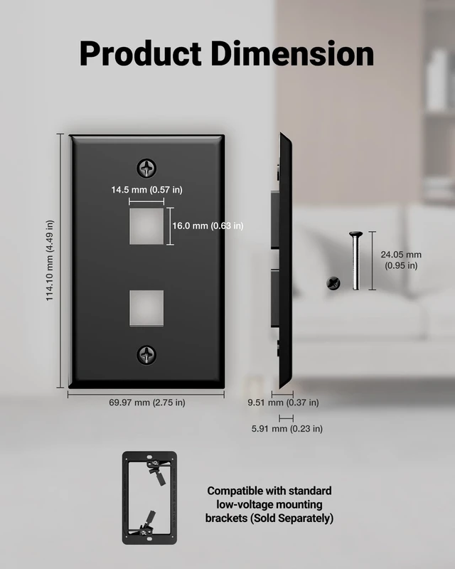 Alt view image 5 of 7 - UL Listed Keystone Wall Plate 2-Port for Keystone Jack, Black 10-Pack UL Listed for Safety, Designed for RJ45/HDMI/Coax Keystone Jack, Low Profile Wall Plate