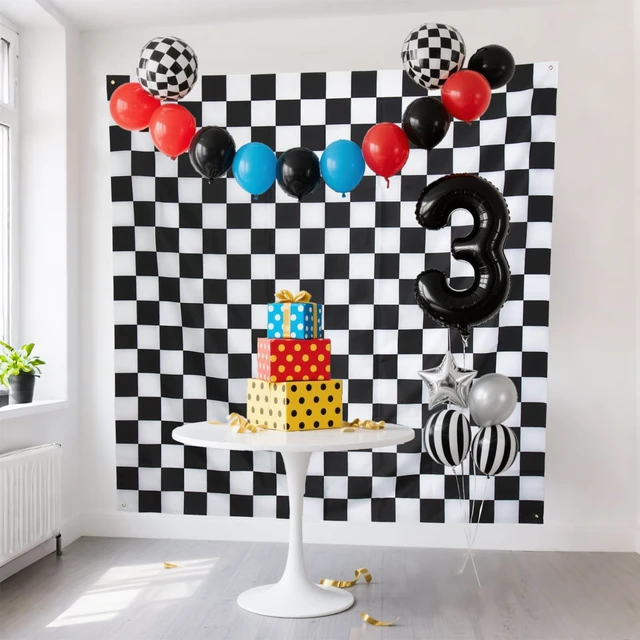 Alt view image 2 of 7 - 6.6x6.6ft Black and White Checkered Backdrop, Racing Party Cars Truck Dirt Bike Birthday Party Decorations, One Happy Dude, Fast One Two Fast Birthday Decorations for Boys