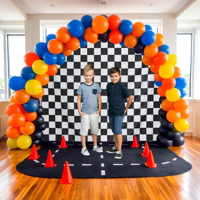 Alt view image 7 of 7 - 6.6x6.6ft Black and White Checkered Backdrop, Racing Party Cars Truck Dirt Bike Birthday Party Decorations, One Happy Dude, Fast One Two Fast Birthday Decorations for Boys
