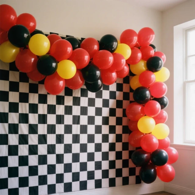 Alt view image 6 of 7 - 6.6x6.6ft Black and White Checkered Backdrop, Racing Party Cars Truck Dirt Bike Birthday Party Decorations, One Happy Dude, Fast One Two Fast Birthday Decorations for Boys