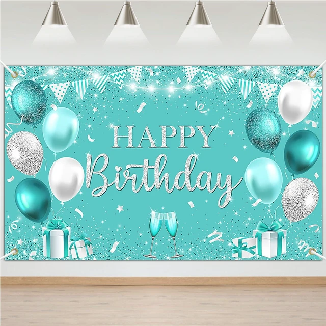 Main image of Happy Teal Birthday Banner Turquoise and Silver Birthday Backdrop Banners Teal Birthday Decorations for Women Happy Birthday Party Supplies 70.8 x 43.3 Inch