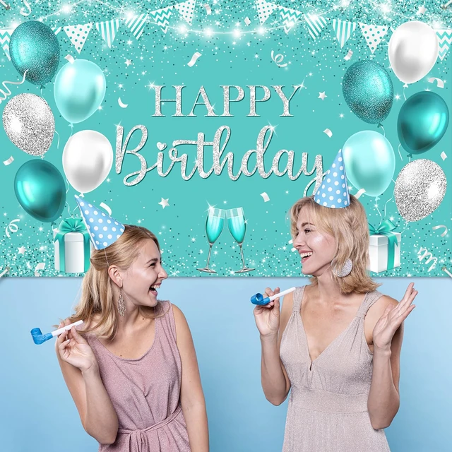 Alt view image 4 of 7 - Happy Teal Birthday Banner Turquoise and Silver Birthday Backdrop Banners Teal Birthday Decorations for Women Happy Birthday Party Supplies 70.8 x 43.3 Inch