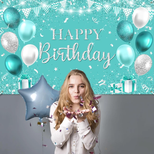 Alt view image 5 of 7 - Happy Teal Birthday Banner Turquoise and Silver Birthday Backdrop Banners Teal Birthday Decorations for Women Happy Birthday Party Supplies 70.8 x 43.3 Inch