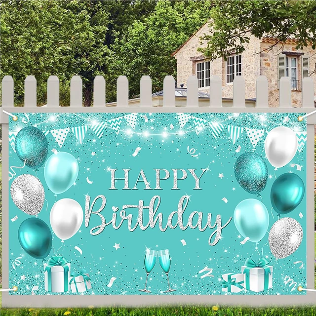 Alt view image 6 of 7 - Happy Teal Birthday Banner Turquoise and Silver Birthday Backdrop Banners Teal Birthday Decorations for Women Happy Birthday Party Supplies 70.8 x 43.3 Inch