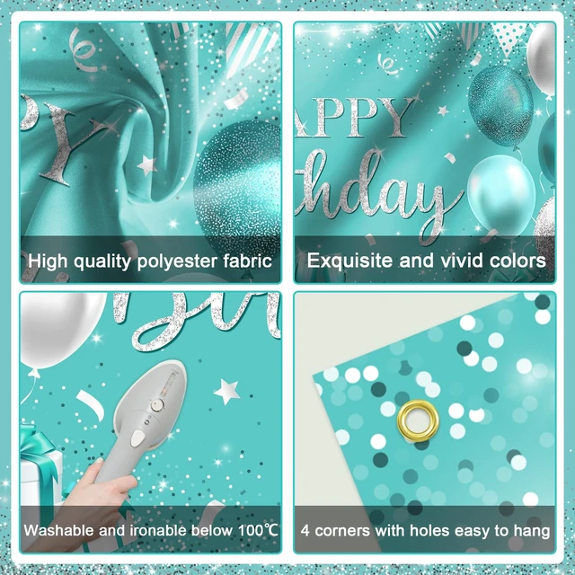 Alt view image 7 of 7 - Happy Teal Birthday Banner Turquoise and Silver Birthday Backdrop Banners Teal Birthday Decorations for Women Happy Birthday Party Supplies 70.8 x 43.3 Inch