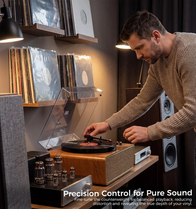 Alt view image 5 of 7 - Heritage Walnut Bluetooth Record Player, 3-Speed Turntable Premium walnut design with Bluetooth, 3-speed playback, ruby stylus, Hi-Fi sound, PC recording, AUX and RCA output