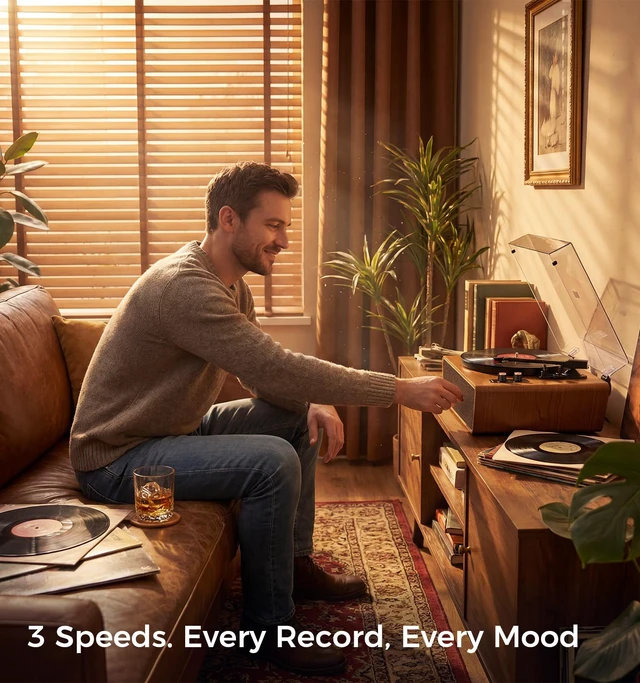 Alt view image 7 of 7 - Heritage Walnut Bluetooth Record Player, 3-Speed Turntable Premium walnut design with Bluetooth, 3-speed playback, ruby stylus, Hi-Fi sound, PC recording, AUX and RCA output