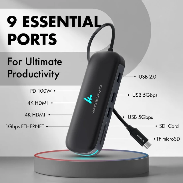 Alt view image 2 of 7 - Type C 9 in 1 Docking Station with 2XUSB 5Gbps, 2X4K HDMI, Gigabit Ethernet, SD & TF Card Reader, PD 100W, USB 2.0, USB-C Hub, Compatible with Thunderbolt 4, macOS, Windows, Android & iOS