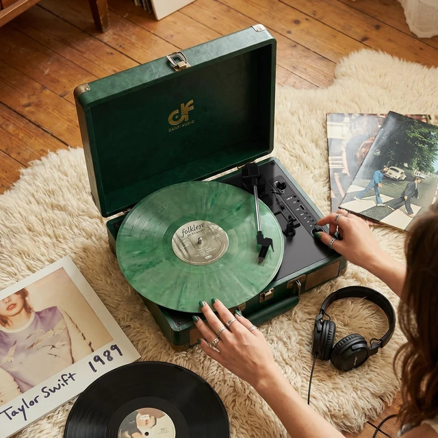 Alt view image 5 of 7 - Vintage Green Suitcase Record Player - 33,45& 78 RPM Speed Turntable with Bluetooth, USB Recording, MP3 Converter, Speakers, Emerable Green