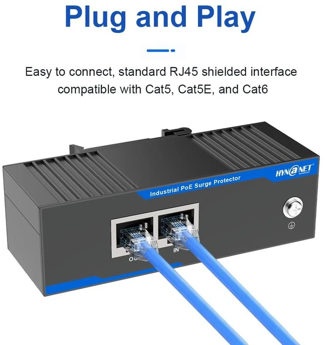 Alt view image 3 of 7 - Gigabit PoE+ Ethernet Surge Protector 6KV Industrial Lightning Suppressor 10/100/1000 Mbps, -40°F to 176°F, 30W PoE+ RJ45, CAT5/CAT6 LAN Network Thunder Arrestor, DIN Rail Mount