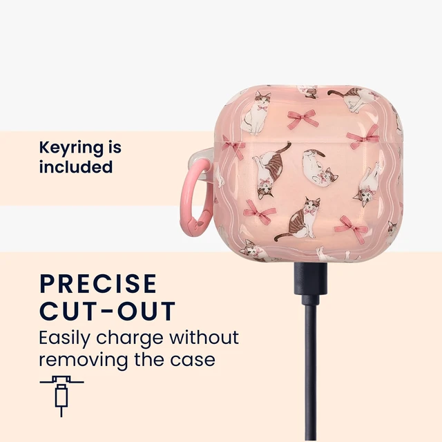 Alt view image 4 of 7 - Earbud Case for Apple Airpods 4 - Protective Shockproof in-Ear Headphones Cover with Keychain, Soft & Durable, Cat and Ribbon