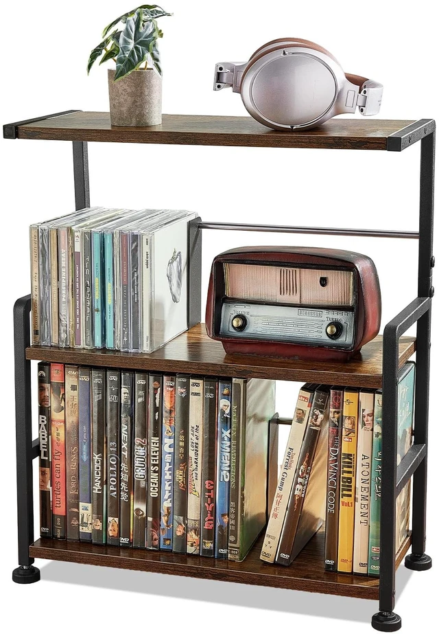 Main image of 3-Tier CD Storage Rack, Holds 70 CDs, Adjustable Dividers, Brown Space-Saving design, Metal frame, Wooden Shelves, CD Holder, Open Display, Media Organizer Stand for CDs, DVDs, Games & Books