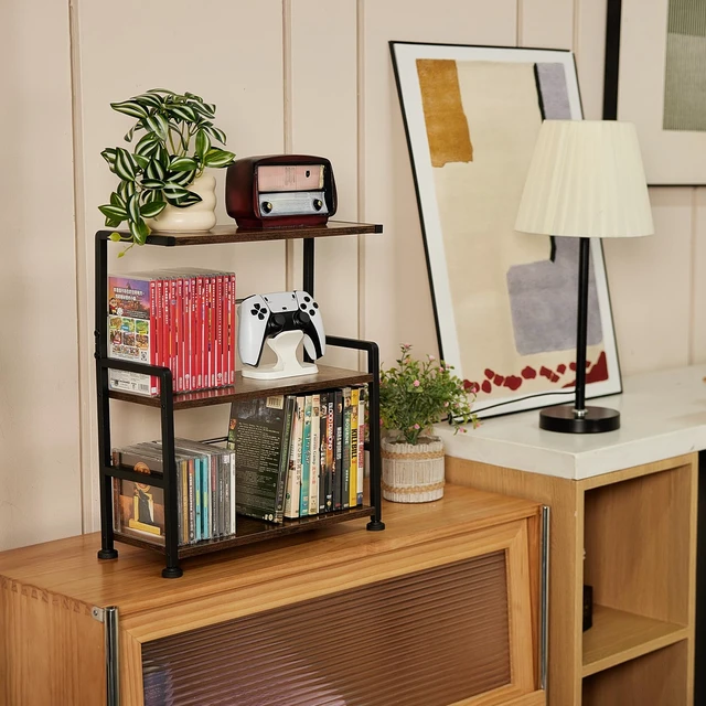 Alt view image 2 of 7 - 3-Tier CD Storage Rack, Holds 70 CDs, Adjustable Dividers, Brown Space-Saving design, Metal frame, Wooden Shelves, CD Holder, Open Display, Media Organizer Stand for CDs, DVDs, Games & Books