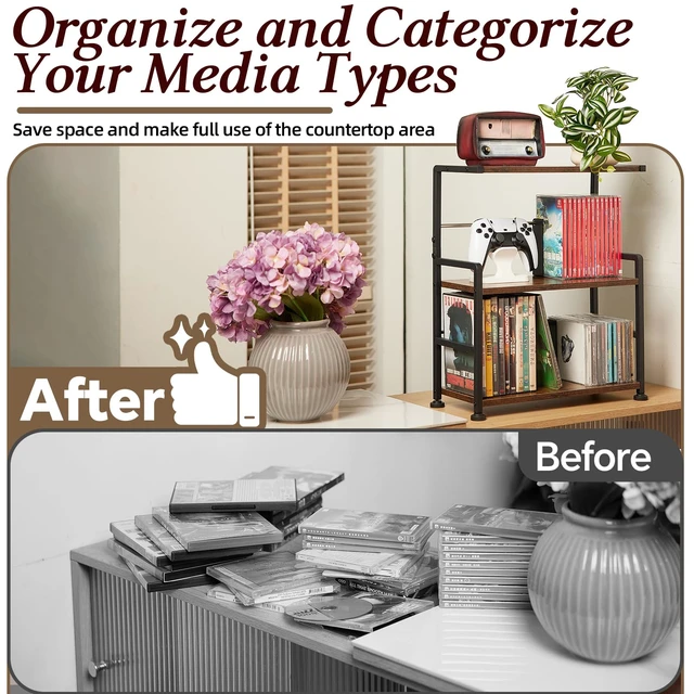 Alt view image 4 of 7 - 3-Tier CD Storage Rack, Holds 70 CDs, Adjustable Dividers, Brown Space-Saving design, Metal frame, Wooden Shelves, CD Holder, Open Display, Media Organizer Stand for CDs, DVDs, Games & Books