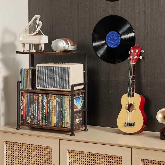 Alt view image 7 of 7 - 3-Tier CD Storage Rack, Holds 70 CDs, Adjustable Dividers, Brown Space-Saving design, Metal frame, Wooden Shelves, CD Holder, Open Display, Media Organizer Stand for CDs, DVDs, Games & Books
