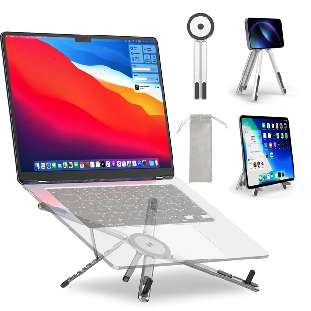 Main image of Portable Laptop Stand for Desk, 3-in-1 Adjustable Holder (Silver) MagSafe Compatible Foldable Design, 8-Level Height & Angle, Aluminum Alloy, Suitable for 10-16 Laptops
