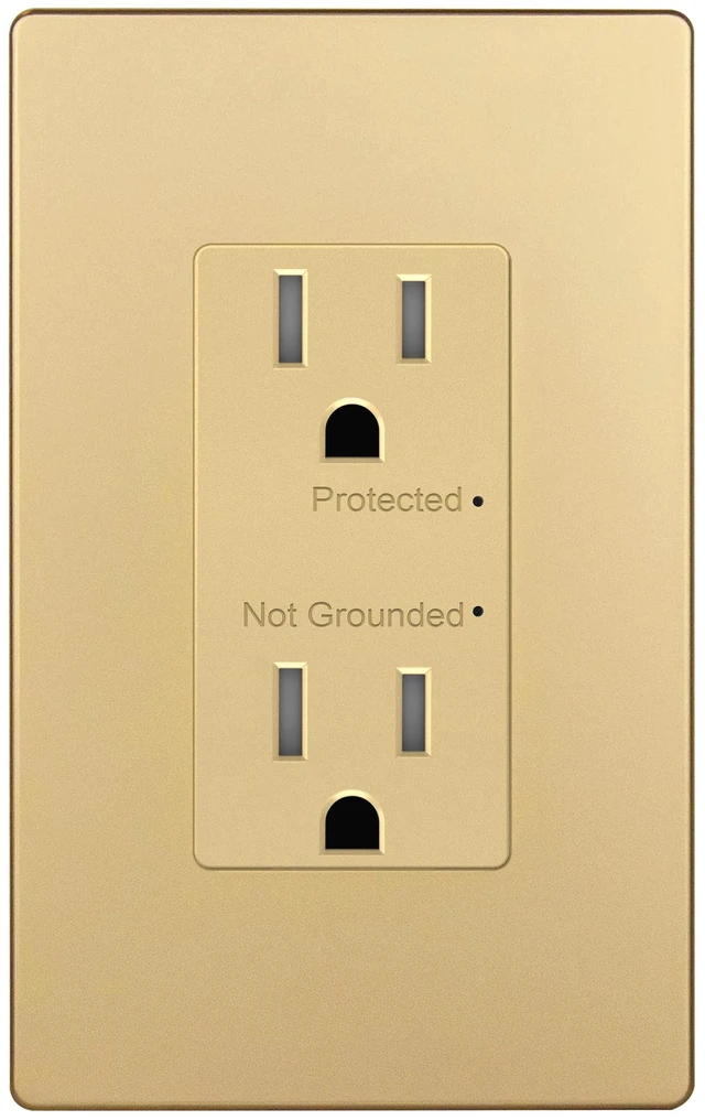 Main image of Surge Protector Receptacle, Tamper-Resistant Wall Outlet, 15A UL Listed, Matte Gold, 1500 Joules, Child Safe, Self-Grounding For Easy Installation, Polycarbonate Thermoplastic, Screwless