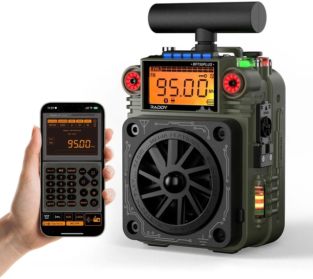 Main image of RF750 Plus App Control Shortwave Radio, NOAA Alert, Green 297 preset stations, replaceable battery, T-type antenna, SOS alarm for camping