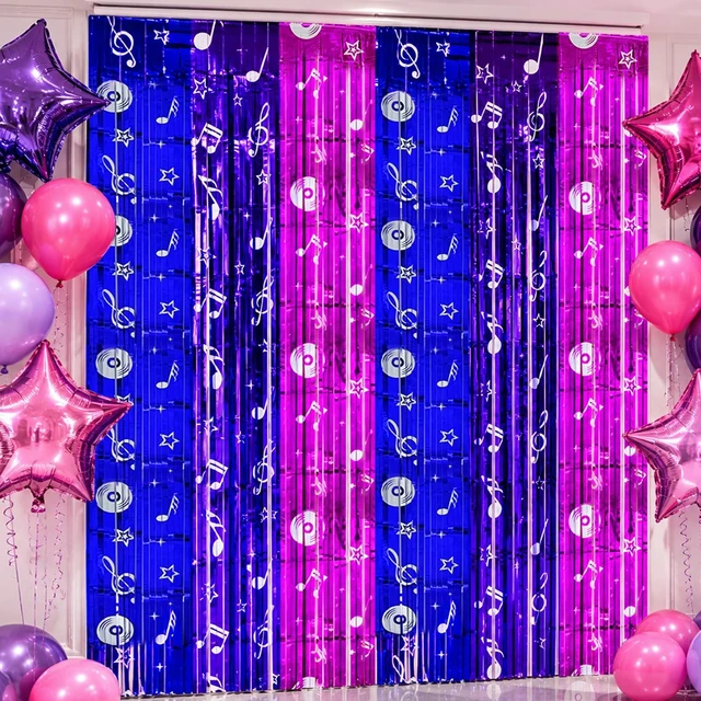 Main image of Blue Purple Pink Foil Fringe Curtains Streamers Party Backdrop, 4 Pack 3.28 x 6.57 Ft Music Notes Tinsel Metallic Backdrop Banner Photo Booth Props for Kpop Disco Party Decor Supplies
