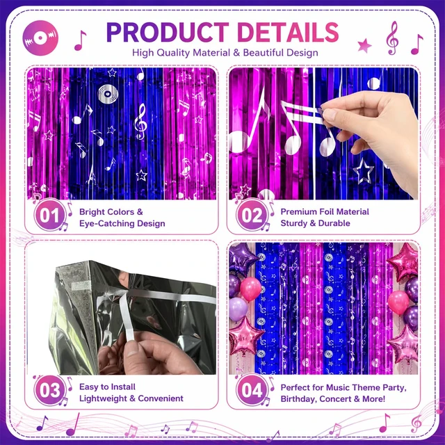 Alt view image 2 of 6 - Blue Purple Pink Foil Fringe Curtains Streamers Party Backdrop, 4 Pack 3.28 x 6.57 Ft Music Notes Tinsel Metallic Backdrop Banner Photo Booth Props for Kpop Disco Party Decor Supplies