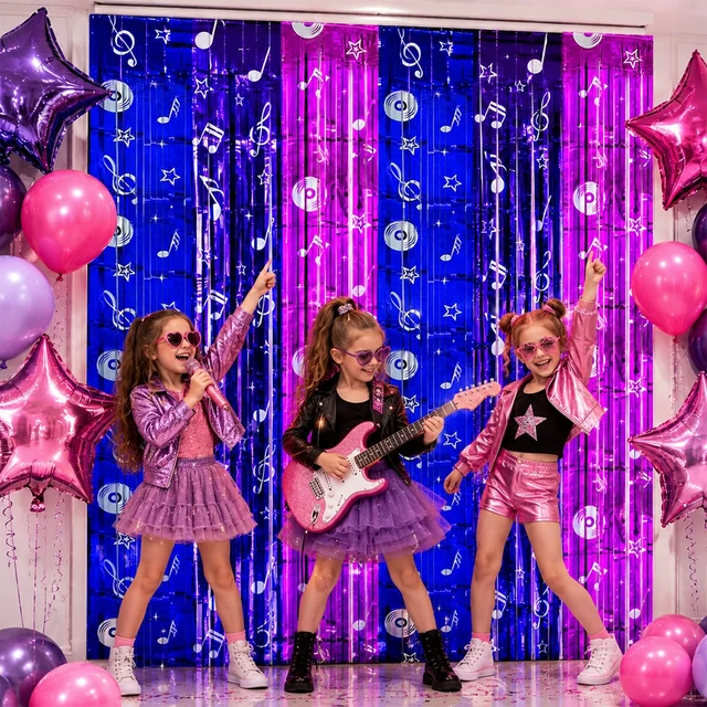 Alt view image 3 of 6 - Blue Purple Pink Foil Fringe Curtains Streamers Party Backdrop, 4 Pack 3.28 x 6.57 Ft Music Notes Tinsel Metallic Backdrop Banner Photo Booth Props for Kpop Disco Party Decor Supplies